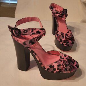 Pink Leopard Print Platform Block Heels with Ankle Strap